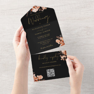 Black And Gold Rustic Floral QR Code Fall Wedding All In One Invitation