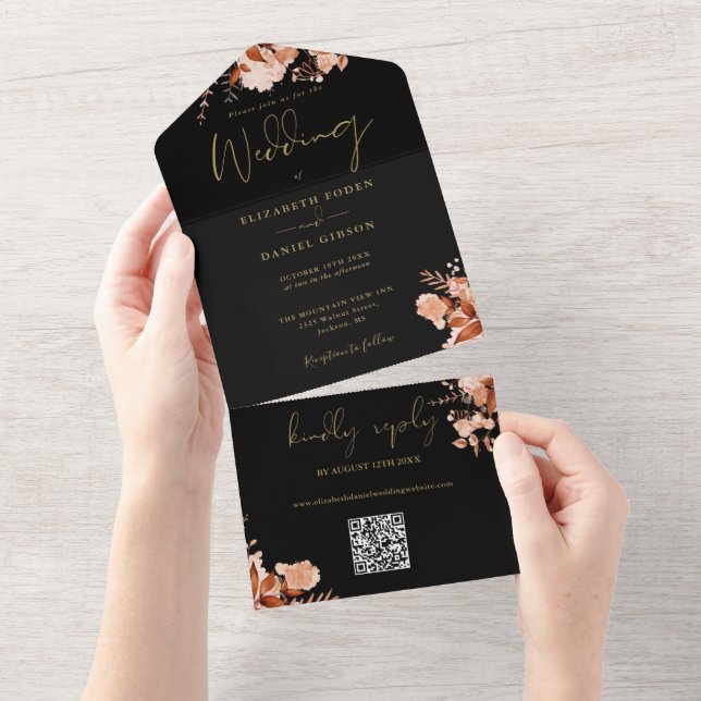 Black And Gold Rustic Floral QR Code Fall Wedding All In One Invitation (Tearaway)