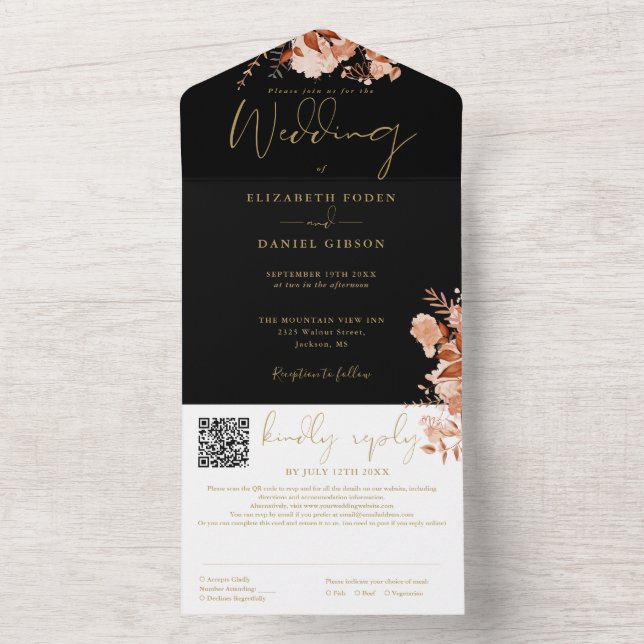 Black And Gold Rustic Floral QR Code Wedding All In One Invitation (Inside)
