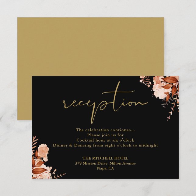 Black And Gold Rustic Floral Wedding Reception Enclosure Card (Front/Back)