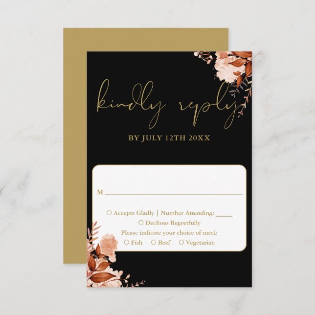 Black And Gold Rustic Floral Wedding RSVP Card (Front/Back)