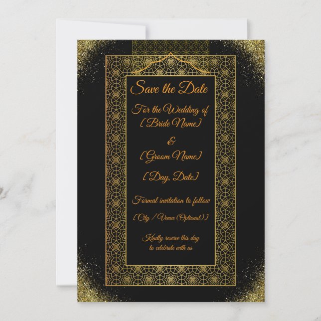 Black and Gold Save the Date Card | Elegant Luxury (Front)