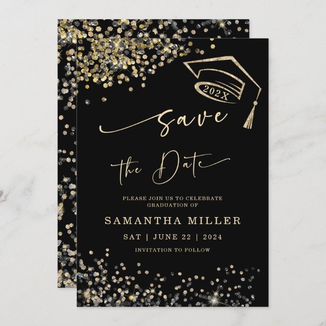 Black and Gold Save the Date Graduation Invitation (Front/Back)