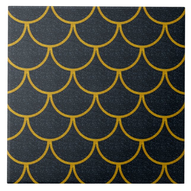 Black and Gold Scalloped Scale Pattern Ceramic Tile (Front)