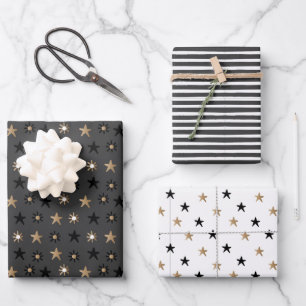 Black and Gold Scandinavian Stars and Stripes Xmas Wrapping Paper Sheet