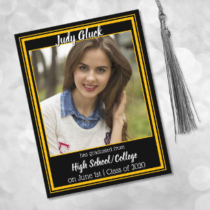 Black and Gold School Colours Photo Graduation Announcement Postcard