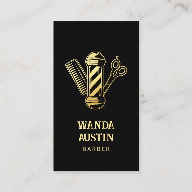 black and gold scissor comb barber pole barbershop business card (Front)