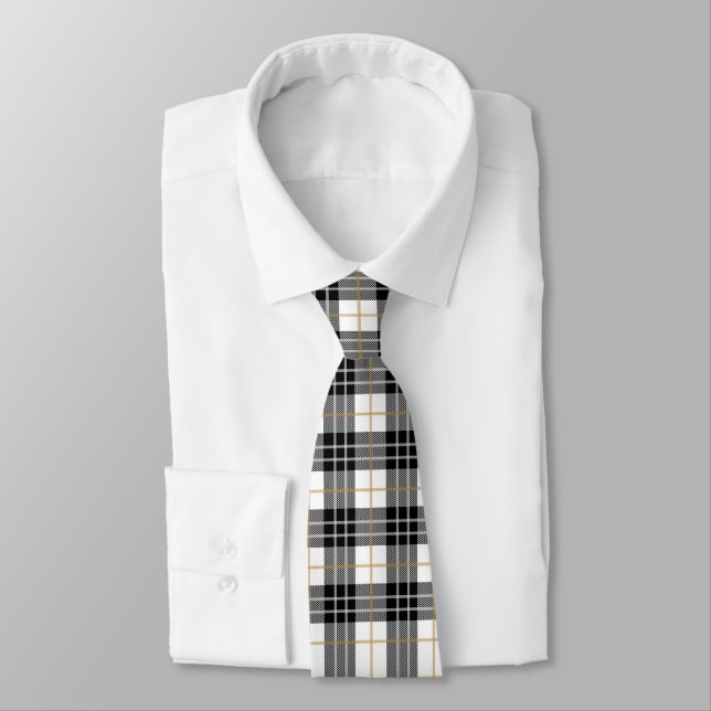 Black and gold Scottish tartan plaid pattern Tie (Tied)