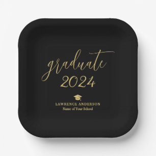 Black and Gold Script 2024 Graduate Graduation Paper Plate