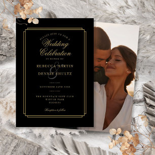 Black and Gold Script Art Deco Photo Wedding Invitation