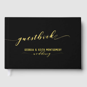 Black And Gold Script Elegant Wedding  Guest Book