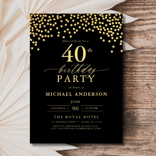 Black And Gold Script Forty 40th Birthday Invitation (Creator Uploaded)