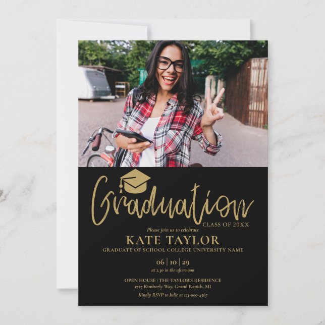 Black And Gold Script Graduation Party 2 Photo Invitation (Front)