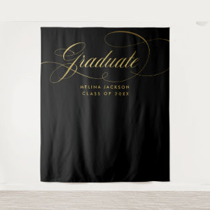 Black and Gold Script Graduation Photo Backdrop Tapestry