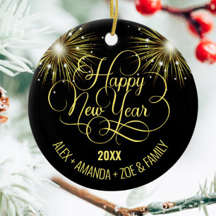 Black and gold Script Happy New year Ceramic Ornament