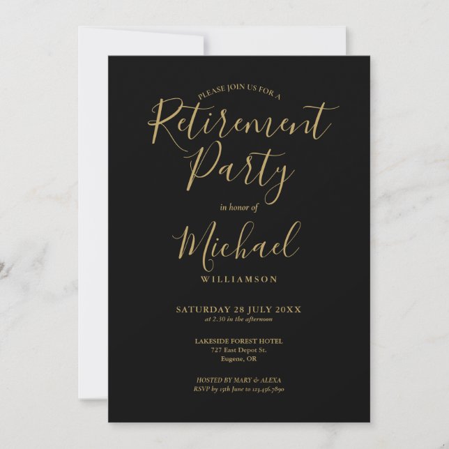 Black And Gold Script Photo Retirement Party Invitation (Front)