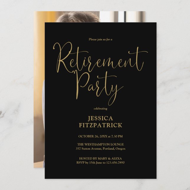 Black And Gold Script Photo Retirement Party Invitation (Front/Back)