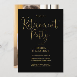 Black And Gold Script Photo Retirement Party Invitation