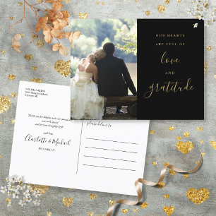 Black And Gold Script Photo Wedding Thank You Postcard