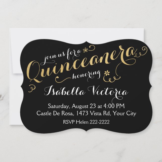Black and Gold Script Quinceañera Invitation (Front)