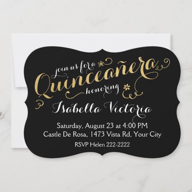 Black and Gold Script Quinceañera Invitation (Front)