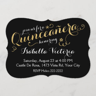 Black and Gold Script Quinceañera Invitation