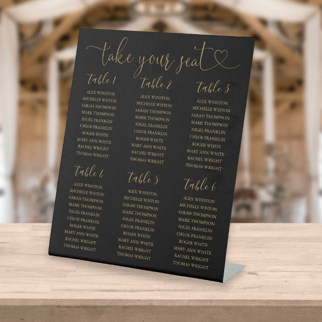 Black And Gold Script Seating Chart Table Number Pedestal Sign (Creator Uploaded)