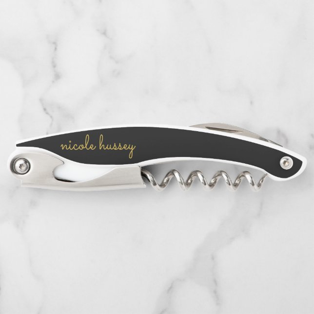 Black and Gold Script  | Stylish Monogram Modern Corkscrew (Front)