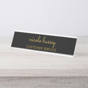 Black and Gold Script Stylish Monogram Modern Desk Name Plate