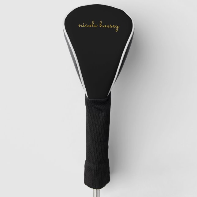 Black and Gold Script  | Stylish Monogram Modern Golf Head Cover (Front)