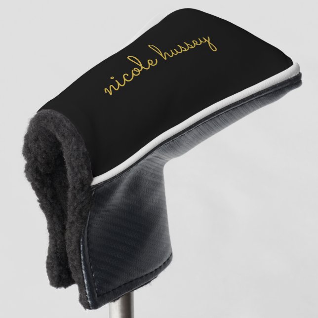 Black and Gold Script  | Stylish Monogram Modern Golf Head Cover (3/4 Front)