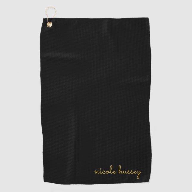 Black and Gold Script  | Stylish Monogram Modern Golf Towel (Front)
