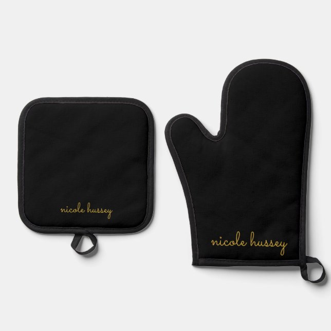 Black and Gold Script  | Stylish Monogram Modern Oven Mitt & Pot Holder Set (Front)