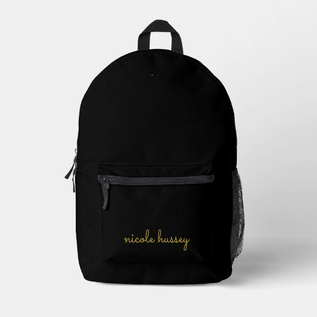 Black and Gold Script  | Stylish Monogram Modern Printed Backpack (Front)