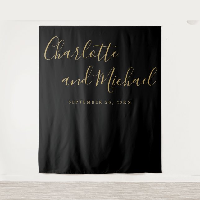 Black And Gold Script Wedding Photo Booth Backdrop Tapestry (Front)
