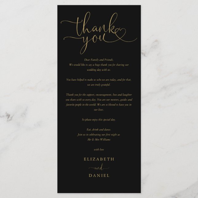 Black And Gold Script Wedding Thank You Place Card (Front)