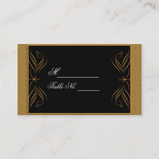 Black and Gold Scroll Accent Weddinf Place Card (Front)