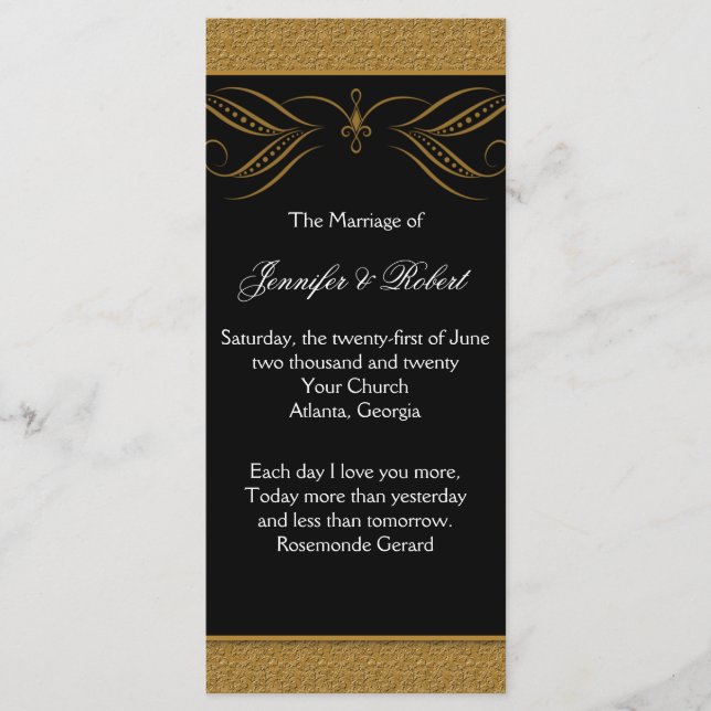 Black and Gold Scroll Accent Wedding Program (Front)