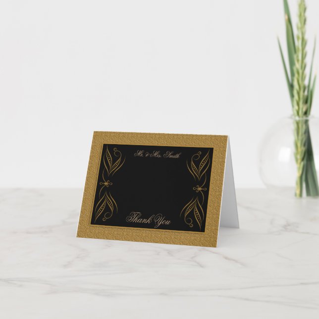 Black and Gold Scroll Accent Wedding Thank You Card (Front)