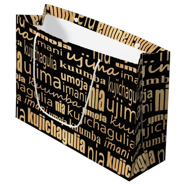 Black and Gold Seven Principles Large Gift Bag (Front Angled)