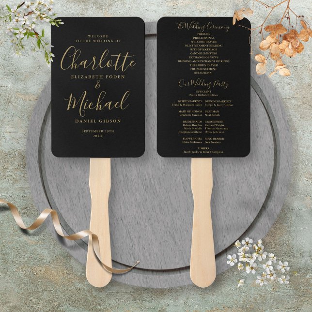 Black And Gold Signature Script Wedding Program Hand Fan (Black And Gold Signature Script Wedding Program Hand Fan)