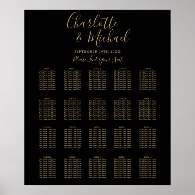 Black And Gold Signature Wedding Seating Chart (Front)