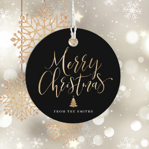 Black and Gold Simple Calligraphy Merry Christmas Favour Tags