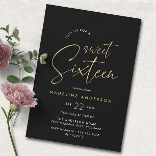 Black and Gold   Simple Glam Sweet 16 Birthday Invitation