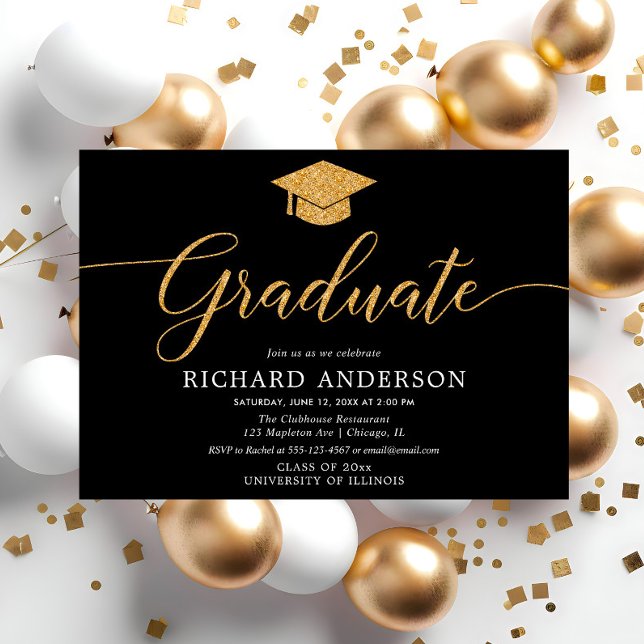 Black and gold simple graduation party Graduate Invitation (Creator Uploaded)