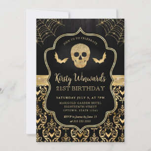 Black and Gold Skull and Bats Damask 21st Birthday Invitation