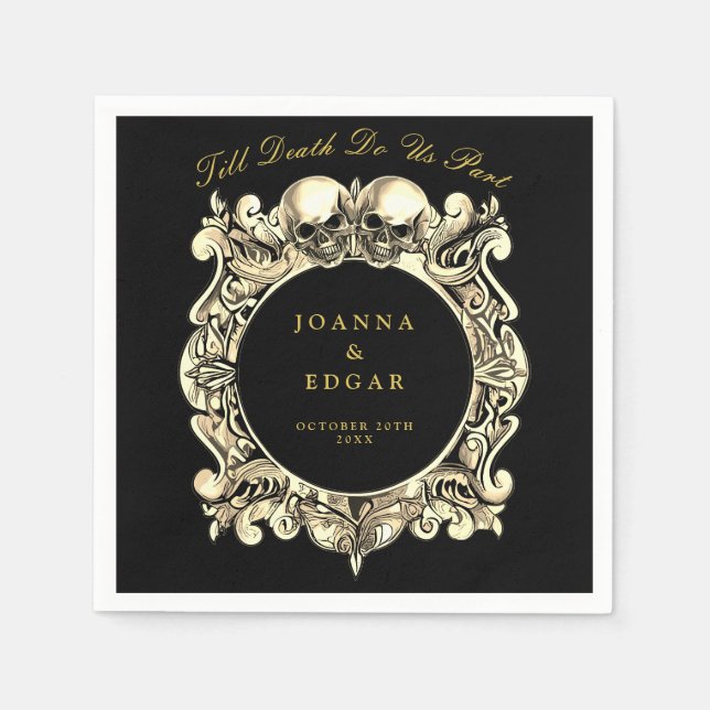 Black And Gold Skulls Gothic Wedding Napkin (Front)