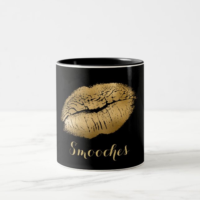 Black and Gold Smooches Lips Two-Tone Coffee Mug (Center)