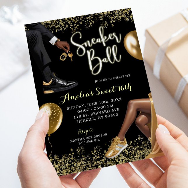 Black and Gold Sneaker Ball Sweet 16 Birthday Invitation (Creator Uploaded)