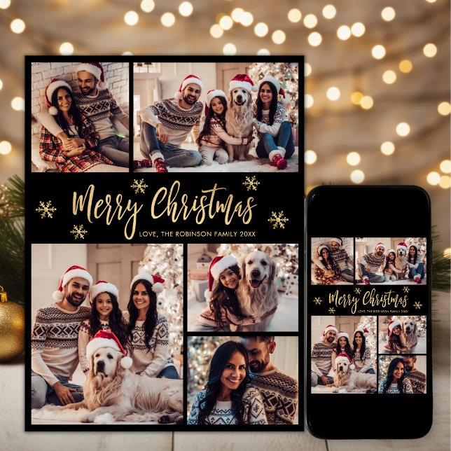 Black and Gold Snowflake 5 Photo Collage Christmas Holiday Card (Creator Uploaded)